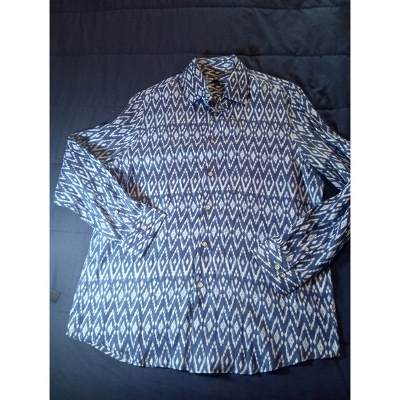 Club Room Luxury Shirt Mens Sz Large Blue Aztec Native Print 100% Linen Camp - Picture 1 of 5